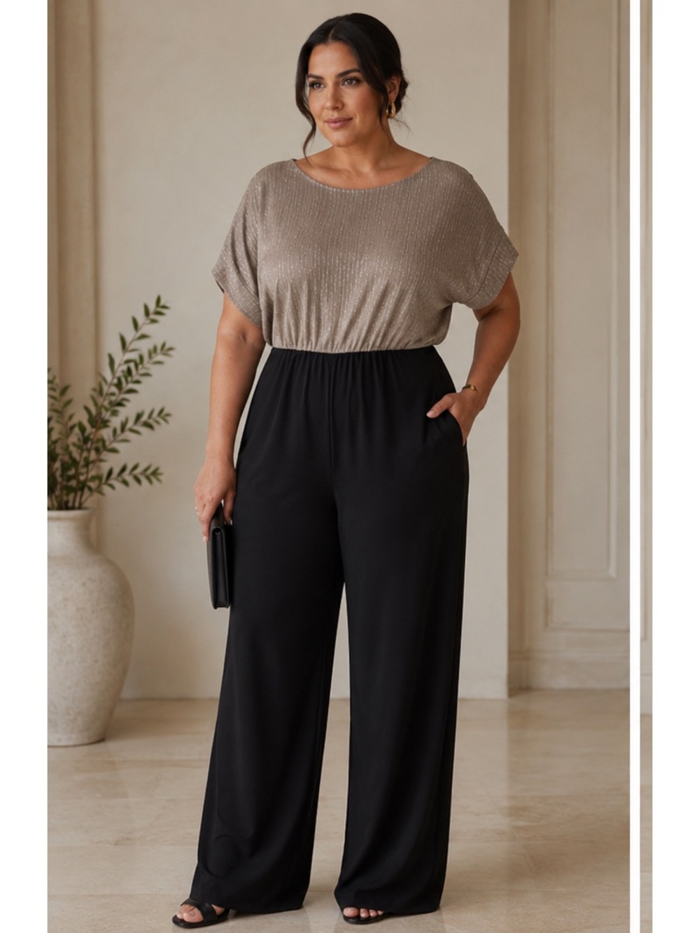 Maurices Elegant Old Money Metallic Silver Taupe Gray Top Black Jumpsuit 1X